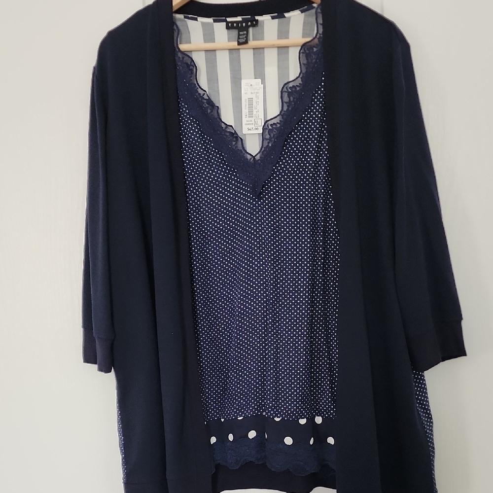 New 2 pieces Blue Cardigan Sweater with Decorative Hem and cami- Versatile set